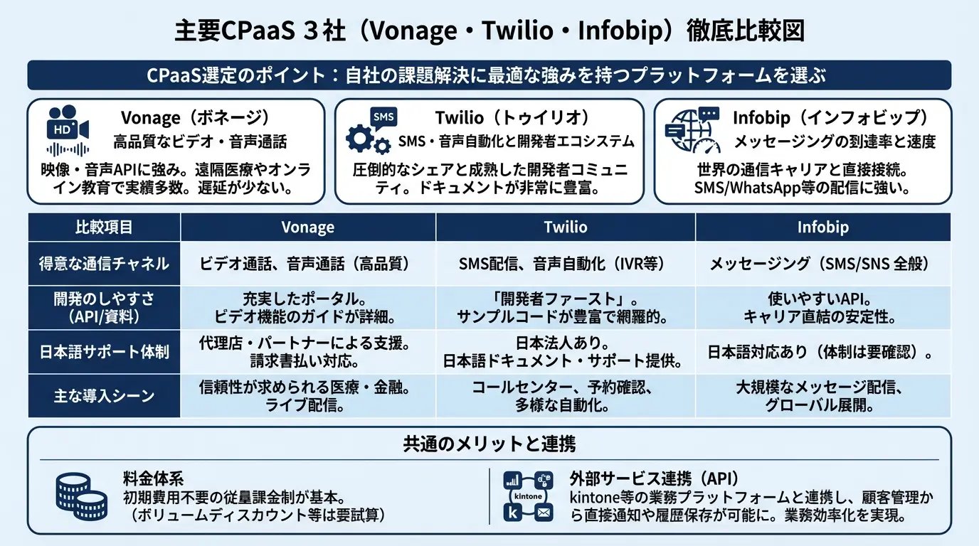 主要CPaaSサービスであるVonageとTwilioとInfobipの比較
